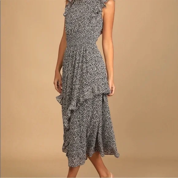 NWOT Lulus: Evalina Black Floral Print Mock Neck Maxi Dress Large - Picture 3 of 12